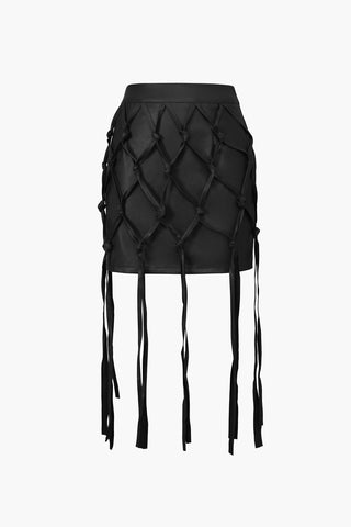 Faux Leather Braiding Fringe Mini Skirt (L / BLACK)