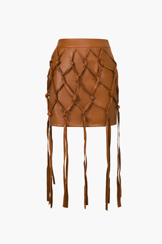 Faux Leather Braiding Fringe Mini Skirt (S / BROWN)