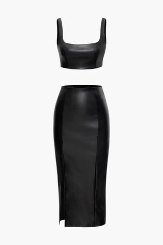 Faux Leather Cami Top And Slit Midi Skirt Set (S / BLACK)