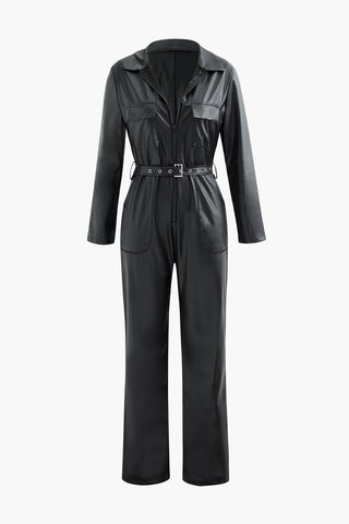 Faux Leather Collar Flap Pocket Zipper Belted Jumpsuit (L / BLACK)