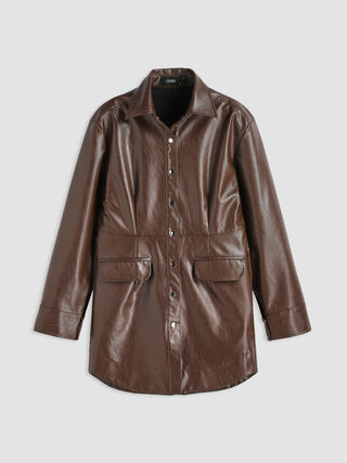 Faux Leather Collar Solid Pocket Shacket