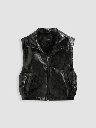 Faux Leather Collar Solid Zipper Puffer Vest