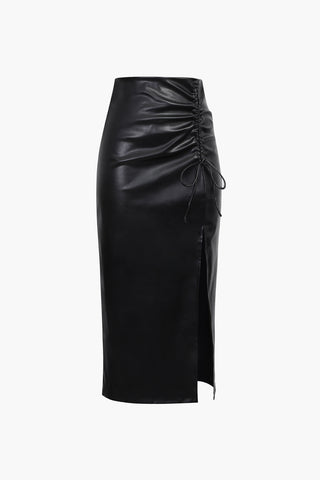 Faux Leather Drawstring Slit Skirt (L / BLACK)