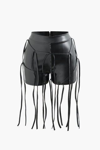 Faux Leather Fringe Detail Zip Up Shorts (XL / BLACK)