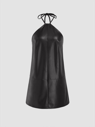 Faux Leather Halter A-line Mini Dress