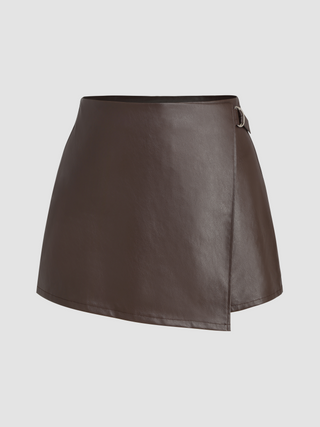 Faux Leather High Waist Asymmetrical Buckle Skort Curve & Plus (1XL / Coffee)