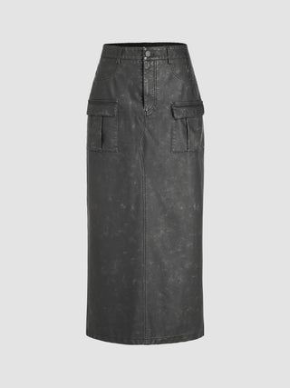 Faux Leather High Waist Cargo Split Maxi Skirt