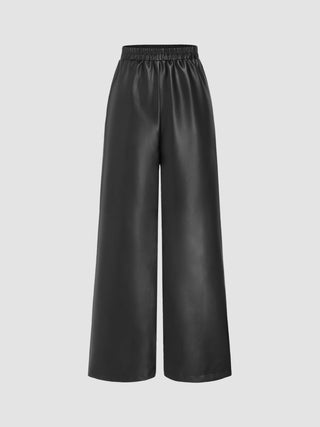 Faux Leather High Waist Ruched Wide Leg Trousers