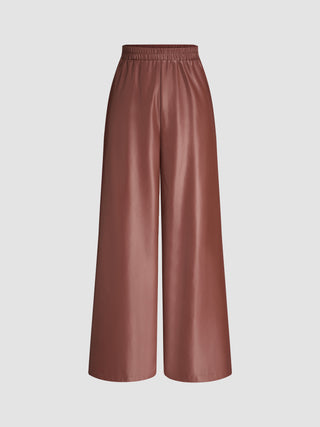 Faux Leather High Waist Ruched Wide Leg Trousers