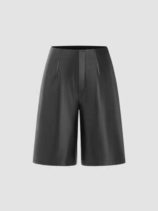 Faux Leather Mid Waist Pocket Bermuda Shorts