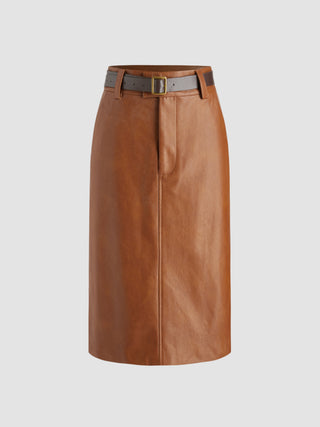 Faux Leather Mid Waist Pocket Split Midi Skirt With Belt