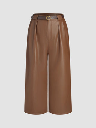 Faux Leather Middle Waist Pleated Pocket Wide Leg Trousers Curve & Plus