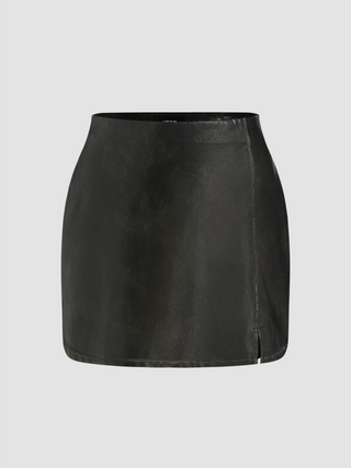 Faux Leather Middle Waist Split Mini Skirt Curve & Plus