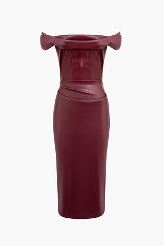 Faux Leather Off Shoulder Slit Ruched Midi Dress (L / BURGUNDY)