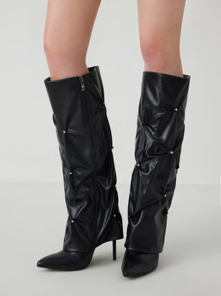 Faux Leather Rhinestone Decor Knee-high Boots