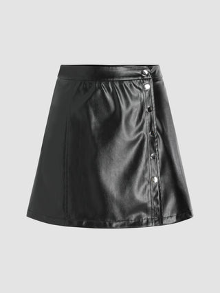 Faux Leather Solid Button Mini Skirt