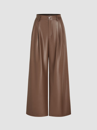 Faux Leather Solid Button Wide Leg Trousers