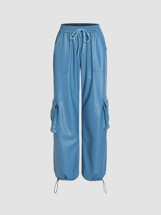 Faux Leather Solid Cargo Jogger Pants (L / Blue)