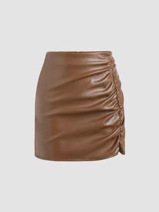 Faux Leather Solid Ruched Mini Skirt