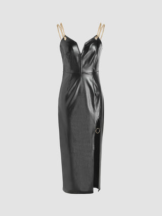 Faux Leather Solid Split Stitch Chain Midi Dress