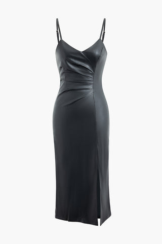 Faux Leather V-neck Ruched Slit Cami Maxi Dress (L / BLACK)