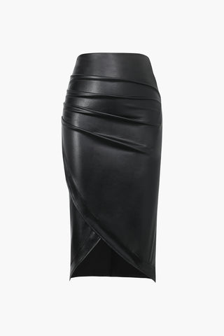 Faux Leather Wrap Ruched Midi Skirt (XXS / BLACK)