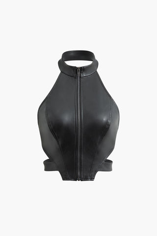 Faux Leather Zip Up Halter Top (M / BLACK)