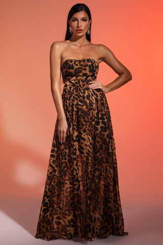 Faux Leopard Strapless Maxi Dress (S / Brown)