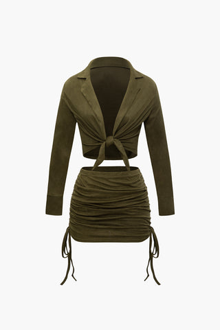 Faux Suede V-neck Knot Front Shirt And Ruched Drawstring Mini Skirt Set (L / MILITARY)