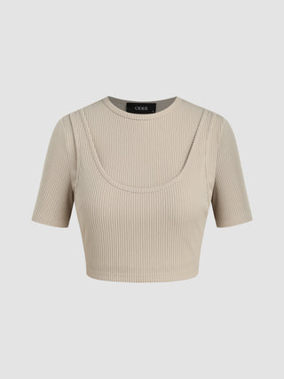 Faux Two-piece Round Neck Rib Knit Crop Top