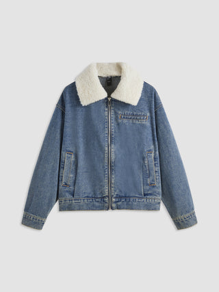 Denim Fleece Collar Zipper Pocket Jacket