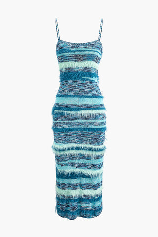 Feather Detail Stripe Cami Knit Midi Dress (XL / BLUE)