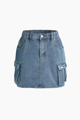 Flap Pocket Cargo Denim Skirt (S / DARK WASH BLUE)