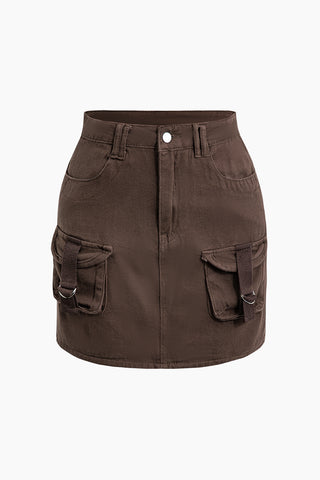 Flap Pocket Denim Mini Skirt (L / COFFEE)