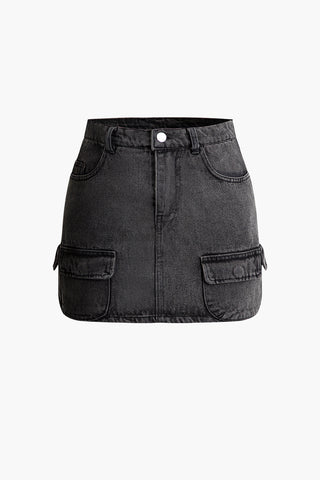 Flap Pocket Denim Mini Skirt (M / DARK GRAY)