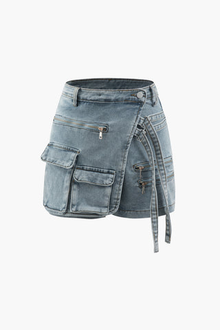 Flap Pocket Denim Wrap Shorts (M / SKY BLUE)