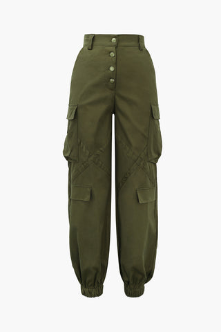 Flap Pocket High Waisted Cuffed Cargo Pants (M / MILITARY)