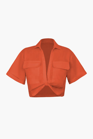 Flap Pocket Twist Hem Shirt (M / ORANGE)