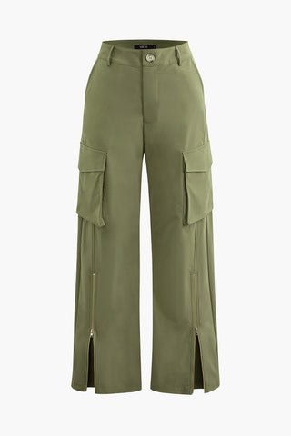 Flap Pocket Zip Up Wide Leg Cargo Pants (M / SAGE)