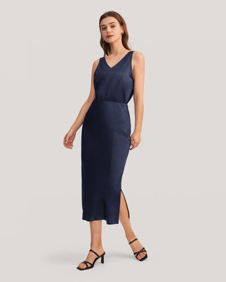 Flattering Side Slit Silk Midi Skirt (Navy Blue / 10)