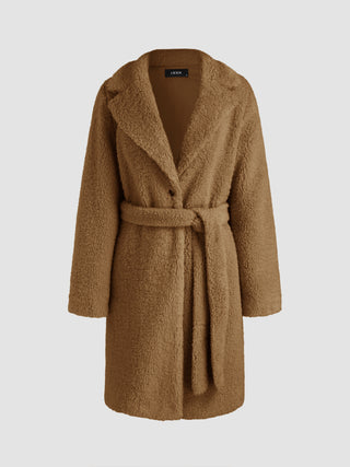 Fleece Collar Solid Belted Coat