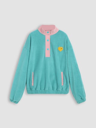 Fleece Contrasting Binding Mandarin Collar Heart Sweatshirt (M / Green)