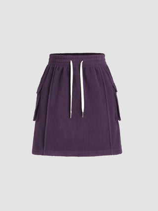 Fleece High Waist Drawstring Cargo Mini Skirt