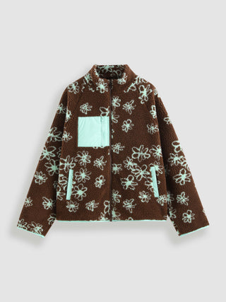 Fleece Stand Collar Floral Pocket Jacket