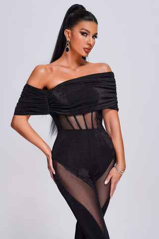 Flora Off Shoulder Mesh Jumpsuit (M / Black)