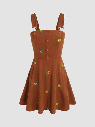 Floral Buckle Corduroy Embroidery Mini Dress (L / Brown)