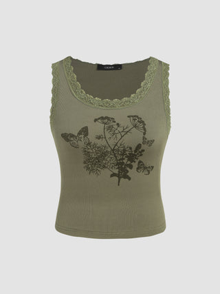 Floral Butterfly Graphic Lace Trim Tank Top (M / Matcha Green)