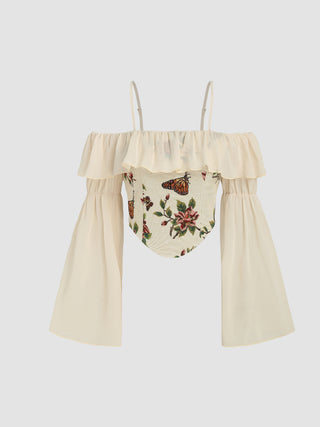 Floral & Butterfly Ruffle Off-shoulder Corset Crop Top