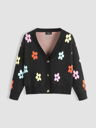 Floral Button Up Cardigan Curve & Plus (1XL / Black)