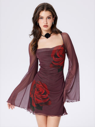 Floral Cowl Neck Sheer Mini Dress (XS / Burgundy)